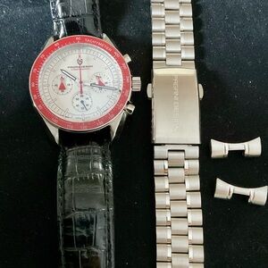 EUC Pagani Design Red and Silver Chronograph Moon Watch+ Extra S/S PD Bracelet